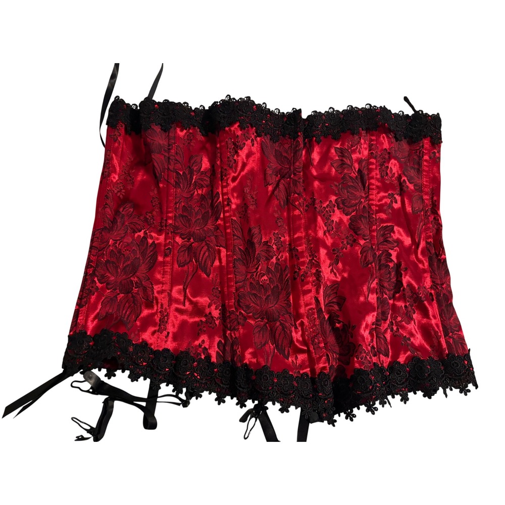 Torrid Corset Top Goth Floral Red Black Lace Trim Garter Straps Size 44